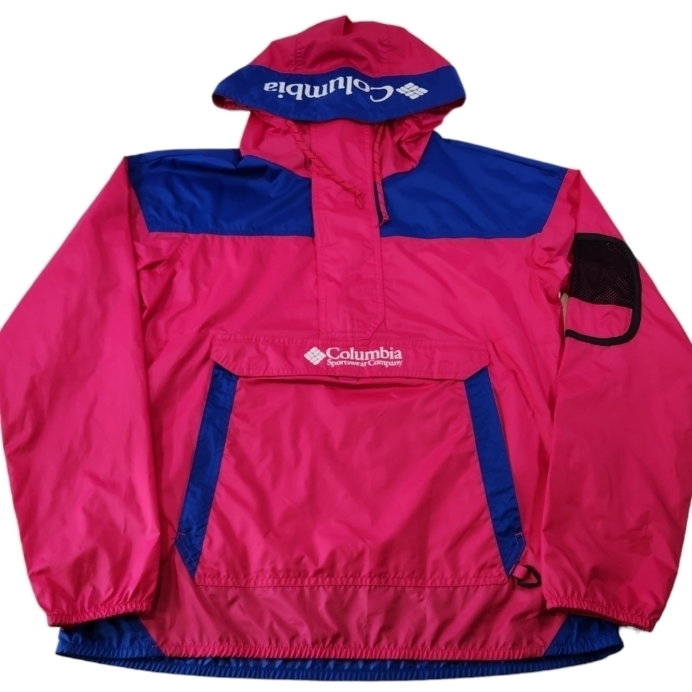 Columbia Windbreaker Hooded Jacket Womens L Pink Blue Retro 1/4 Zip Lightweight
